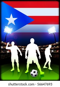 Puerto Rico Soccer Player with Flag on Stadium Background Original Illustration