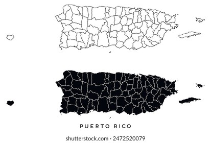 Mapa estatal de Puerto Rico de regiones distritos Vector negro sobre blanco y contorno	