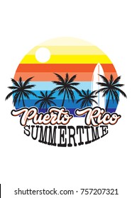 puerto rico sunset retro design colorful palm tree surf