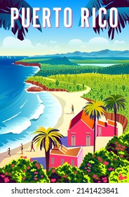 Puerto Rico travel poster. Beautiful landscape with boats, beach, palms and sea in the background. Handmade drawing vector illustration.