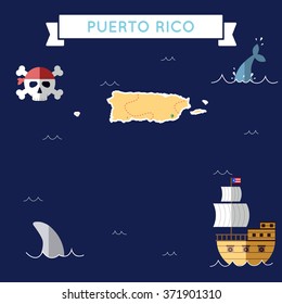 Puerto Rico treasure map in flat design. Colorful cartoon treasure map of Puerto Rico with flat design icons of pirate ship and jolly roger. Puerto Rico flat design vector illustration.