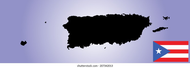 Puerto Rico vector map silhouette and vector flag isolated on blue background. High detailed illustration. 
