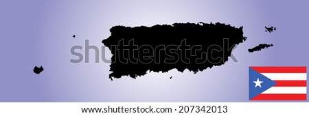 Puerto Rico vector map silhouette and vector flag isolated on blue background. High detailed illustration. 