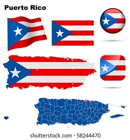 Puerto Rico vector set. Detailed country shape with region borders, flags and icons isolated on white background.