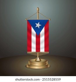 Puerto Rico Vertical table flag with golden pole on dark gradient background, Template banner vector Illustration