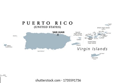 Puerto Rico and Virgin Islands, gray political map. British, Spanish and U.S. Virgin Islands. British overseas territory and unincorporated territories of the USA. Illustration over white. Vector.