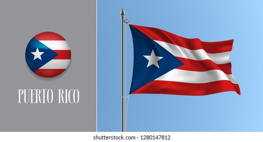 Puerto Rico waving flag on flagpole and round icon vector illustration. Realistic 3d mockup of red blue Puerto Rican flag and circle button 