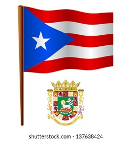 puerto rico wavy flag and coat of arm against white background, vector art illustration, image contains transparency