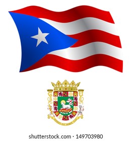 puerto rico wavy flag and coat of arm against white background, vector art illustration, image contains transparency