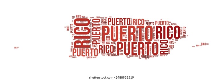 In: Puerto Rico Word Cloud. Country-Form mit Bereichsunterteilung. In: Puerto Rico Typografy Style Bild. Regionsnamen kennzeichnen Wolken. Vektorillustration.