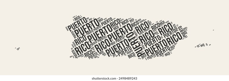 Nube de Palabras de Puerto Rico. Country con la división de regiones. Puerto Rico texto tipográfico nubes diseño de Imagen de Vector. Imagen de forma de país estilo gaceta de Antiguas. Ilustración vectorial con clase.