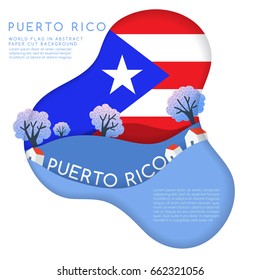 Puerto Rico : World Flag in paper cut shapes with trees and mountains in the layers : Vector Illustration