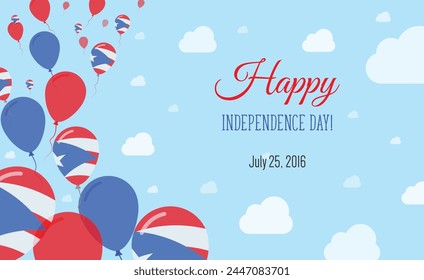 Puerto-Rico Independence Day Sparkling Patriotic Poster. Row of Balloons in Colors of the Puerto-Rican Flag. Greeting Card with National Flags, Blue Skyes and Clouds.