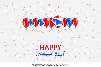 Puerto-Rico Independence Day Sparkling Patriotic Poster. Row of Balloons in Colors of the Puerto-Rican Flag. Greeting Card with National Flags, Confetti and Stars.