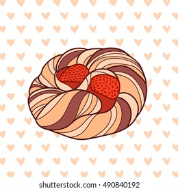 puff bun hand drawn Vector vintage illustration with strawberry and hearts on background