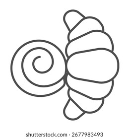 Puff Croissant dünne Linie Symbol, Wüste Süßigkeiten Konzept. Vektorgrafiken. Süßes Brötchen mit Mohn-Samen-Zeichen auf weißem Hintergrund, Umriss-Stil-Symbol für Mobil- oder Web-Design