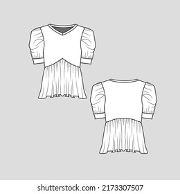 Puff gathering Sleeve peplum top V Neck Elbow Sleeve with cuffs Gathering ruched ruffles detail fashion T shirt blouse flat sketch technical drawing template design vector