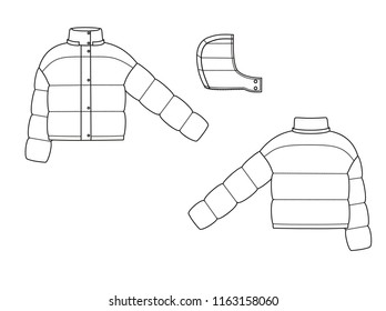 puff jacket technical sketches. Front and back view. white winter sport jacket