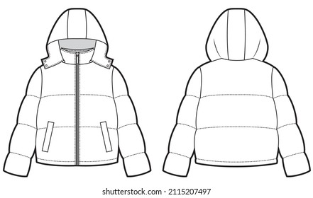 Puff Jacket Technical Sketches. Winter Sport Jacket