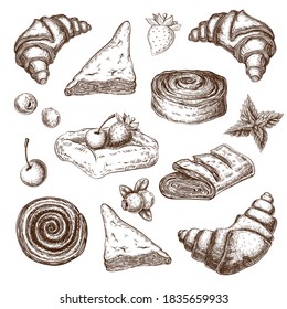 puff pastries sketch collection isolated on white. Pastry with berries pencil drawing in vintage engraved style. puff cakes, buns, patty, croissants, turnovers, pie. baking clipart for menu design