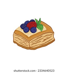 puff pastry with blueberries and raspberries, vector illustration