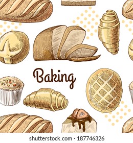 Puff pastry bread croissant cupcake baking seamless food pattern vector illustration