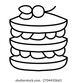 Puff pastry with cream and cherry thin line icon, desert sweets concept. Vector graphics. Baked pancakes sign on white background, outline style icon for mobile or web design