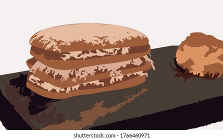 puff pastry dessert with sweet topping, and a scoop of ice cream, vector illustration