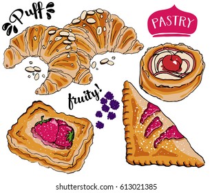 Puff Pastry, including French almond croissants, cherry turnovers, fruit shells and Danish jam-filled pastry