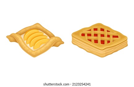 Puff pastry products for bakery menu set. Sweet buns with jam and apples, delicious bakery assortment vector illustration