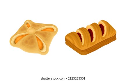 Puff pastry products for bakery menu set. Sweet buns with jam, delicious bakery assortment vector illustration