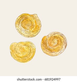 Puff Pastry Roll , Hand Drawn Sketch Water Color Vector.