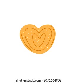 Puff pastry. Sweet heart-shaped dough roll. Baked bun dessert. Yummy bakery with sesame seeds and sugar sprinkles. Homemade food. Colored flat graphic vector illustration isolated on white background