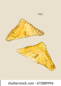 Puff Or Pie Pastry , Hand Drawn Sketch Water Color Vector.