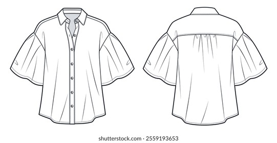 Puff Sleeve Blouse technical fashion illustration. Button down Shirt fashion flat technical drawing template, front and back view, white, women CAD mockup.