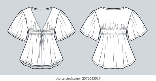 Puff Sleeve Blouse with Ties technical fashion Illustration. Tunic Blouse fashion flat technical drawing template, draped, v neck, loose fit, front and back view, white, women Top CAD mockup.