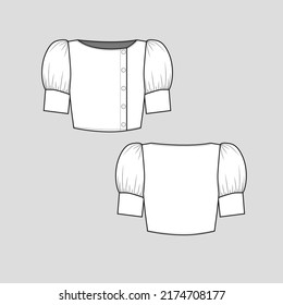 Puff Sleeve crop top button panel gathering puff sleeve with cuffs cropped fashion t shirt top blouse flat sketch technical drawing template design vector