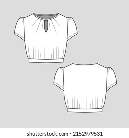 puff sleeve Crop Top crew neck keyhole Gathering hem short sleeve cropped fashion clothing t shirt blouse top flat sketch technical drawing template design vector