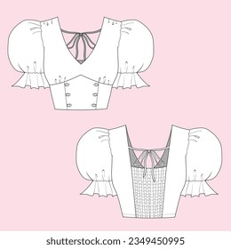 Puff Sleeve Crop Top Flat Sketch Fashion Template. Technical Fashion Illustration for Girl. Front and back view. Vector, adobe illustrator, technical drawing, design.