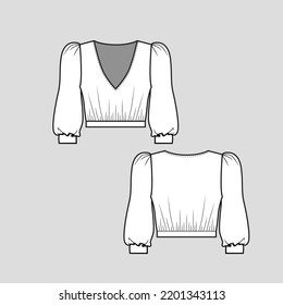 Puff Sleeve cuffs Crop top Gathering Hem V Neck Fashion flat sketch template cad drawing vector