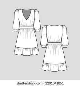 Puff Sleeve cuffs Ruffles Gathering Dress V Neck waist gathering ruffle hem Fashion dresses flat sketch template cad drawing vector