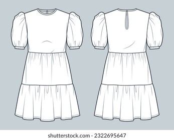 Puff Sleeve Dress technical fashion illustration. Tiered Dress fashion flat technical drawing template, mini lengths, relaxed fit, front and back view, white, women CAD mockup set.    