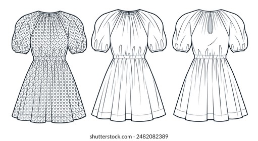 Puff Sleeve Vestido técnico ilustración de moda. Mini vestido de la Plantilla de dibujo técnico plano de la moda, cuello redondo, cintura elástica, vista frontal y posterior, blanco, gris, mujeres Vestido CAD conjunto de maquillaje.