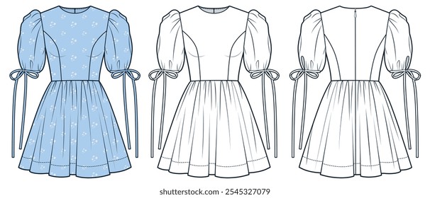 Puff Sleeve Dress technical fashion illustration, floral pattern. Mini Dress fashion flat technical drawing template, round neck, back zipper, front and back view, white, blue, women CAD mockup set.