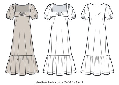Puff manga Império Vestido de Cintura Ilustração de Moda Técnica. Bainha vestido moda modelo de desenho técnico plano, bustier torcer, ajuste relaxado, frente, vista traseira, branco, bege, mulheres CAD mockup.