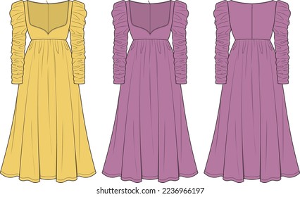 Puff Sleeve Long Dress front and back vector illustration Template