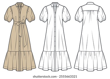 Puff Sleeve long Dress technical fashion illustration. Shirt Dress fashion flat technical drawing template, button up, ruffle, relaxed fit, front and back view, white, beige, women Dress CAD mockup.