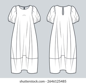 Puff Sleeve long Dress technical fashion illustration. Boho Dress fashion flat technical drawing template, loose fit, front and back view, white, women Dress CAD mockup.