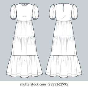 Puff Sleeve Maxi Kleid technische Mode Illustration. Gestufte Kleidung und flache technische Zeichnung Vorlage, entspannte Passform, Vorder- und Rückansicht, weiß, Frauen CAD Mock-Up Set.