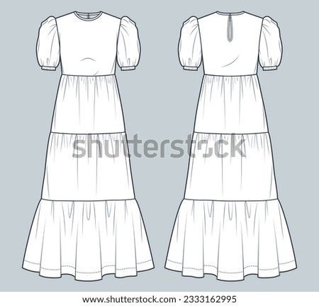 Puff Sleeve Maxi Dress technical fashion illustration. Tiered Dress fashion flat technical drawing template, relaxed fit, front and back view, white, women CAD mockup set.